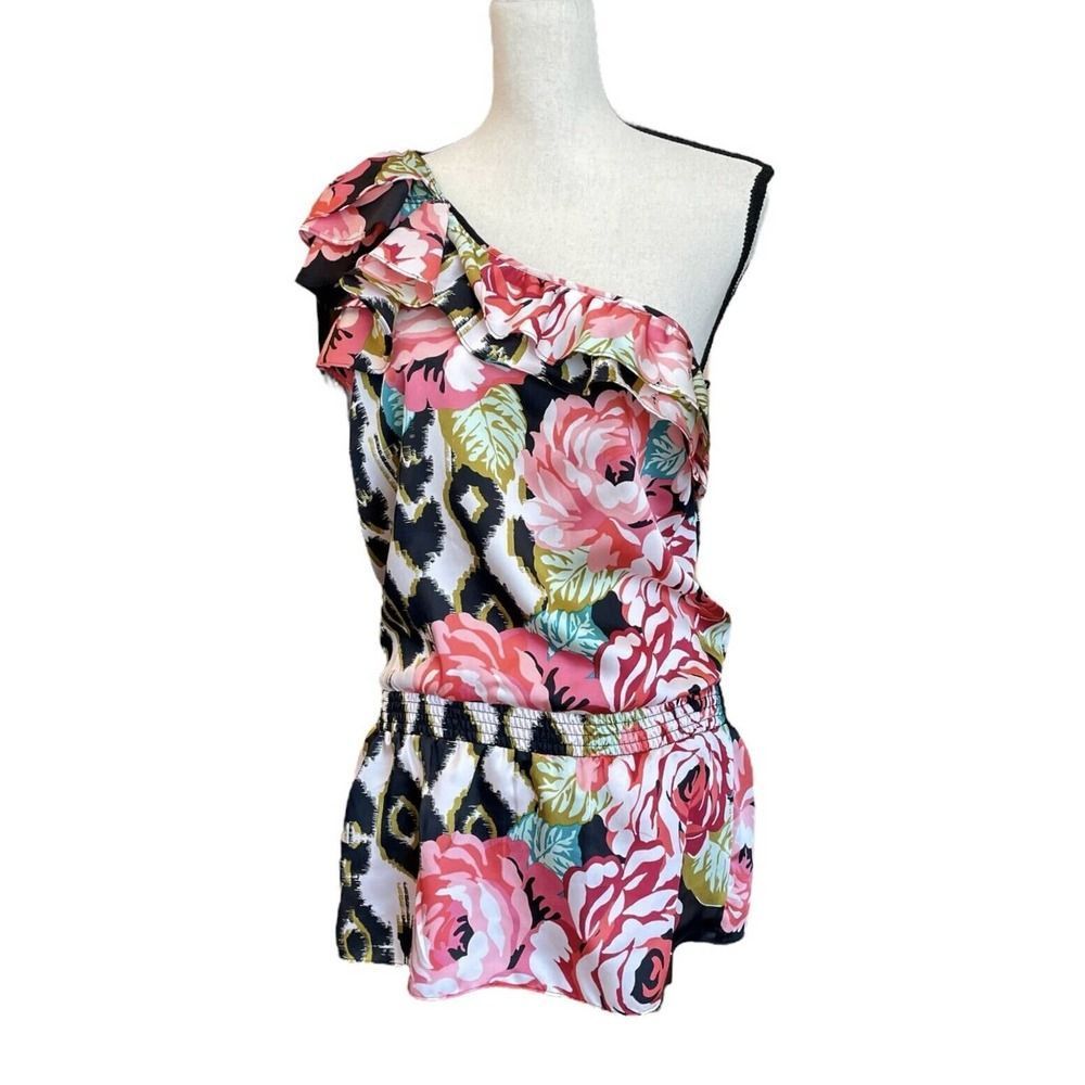 Arden B Womens Pink Black Floral Print One Shoulder Drop Waist Top Sz L NWT